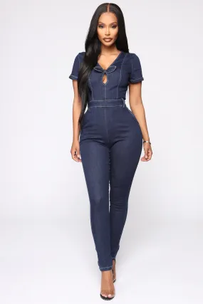 A Little Twist Denim Jumpsuit - Dark Wash