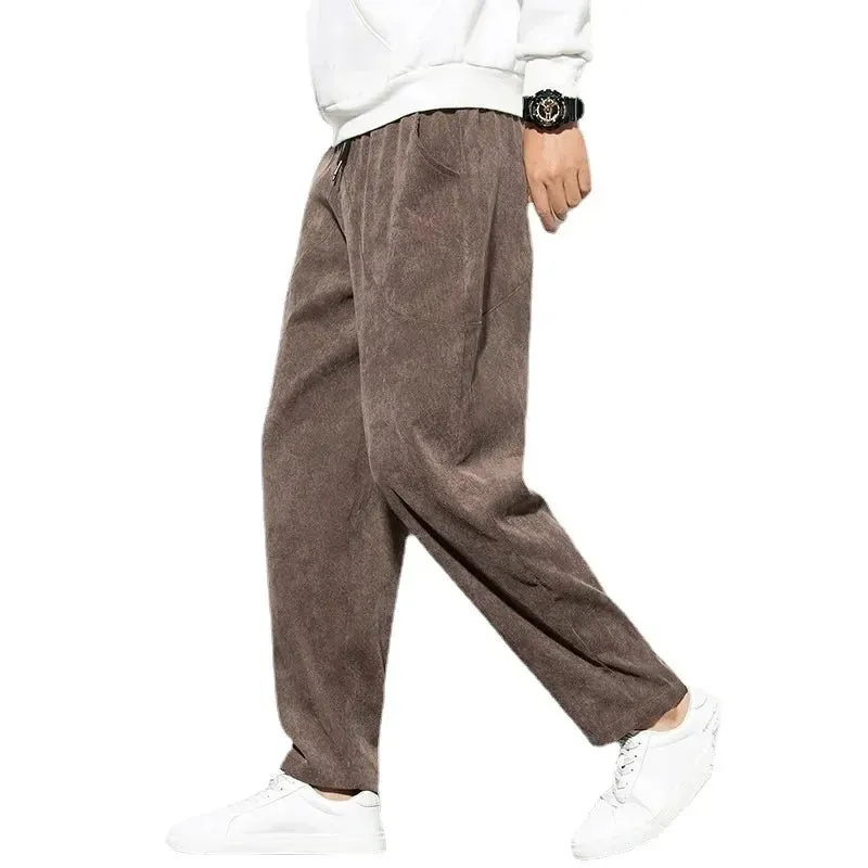 Aidase Chinese Mens Corduroy Pants Loose Wide Leg Pants Casual Winter Striped Velvet Harem Pants Straight Elastic Waist Trousers 5xl