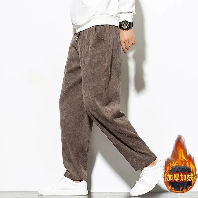 Aidase Chinese Mens Corduroy Pants Loose Wide Leg Pants Casual Winter Striped Velvet Harem Pants Straight Elastic Waist Trousers 5xl