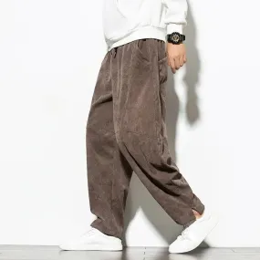 Aidase Chinese Mens Corduroy Pants Loose Wide Leg Pants Casual Winter Striped Velvet Harem Pants Straight Elastic Waist Trousers 5xl