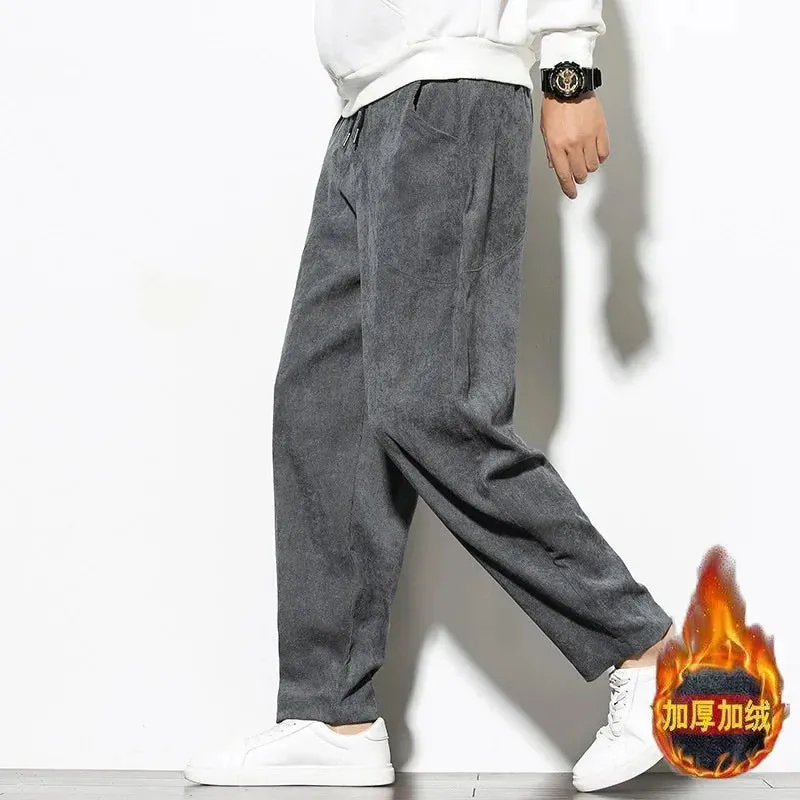 Aidase Chinese Mens Corduroy Pants Loose Wide Leg Pants Casual Winter Striped Velvet Harem Pants Straight Elastic Waist Trousers 5xl