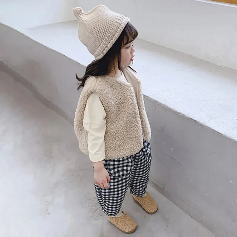 Autumn Winter Children Lamb Wool Plus Velvet Warm Thicked Waistcoat Baby Girls Boys Plush Vest Single V Neck Child Fashion Coat