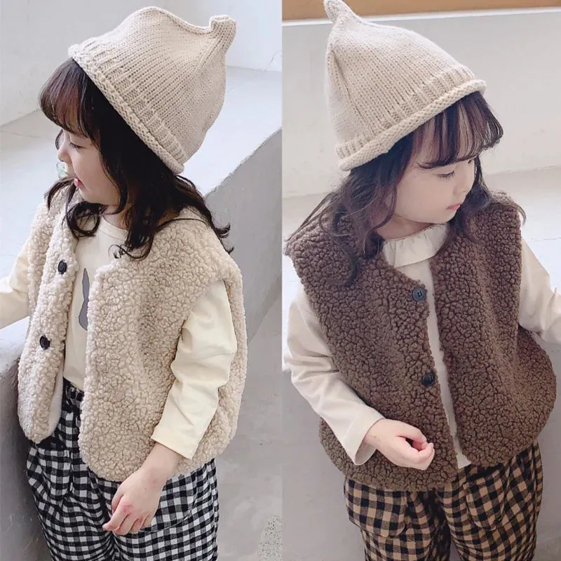 Autumn Winter Children Lamb Wool Plus Velvet Warm Thicked Waistcoat Baby Girls Boys Plush Vest Single V Neck Child Fashion Coat