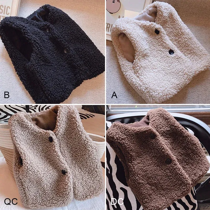 Autumn Winter Children Lamb Wool Plus Velvet Warm Thicked Waistcoat Baby Girls Boys Plush Vest Single V Neck Child Fashion Coat