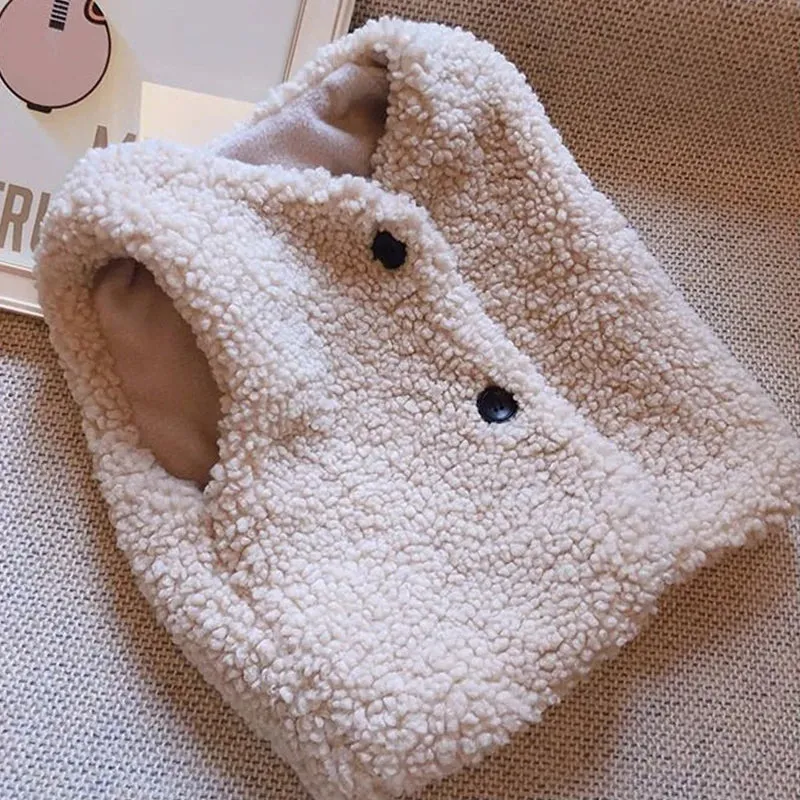 Autumn Winter Children Lamb Wool Plus Velvet Warm Thicked Waistcoat Baby Girls Boys Plush Vest Single V Neck Child Fashion Coat