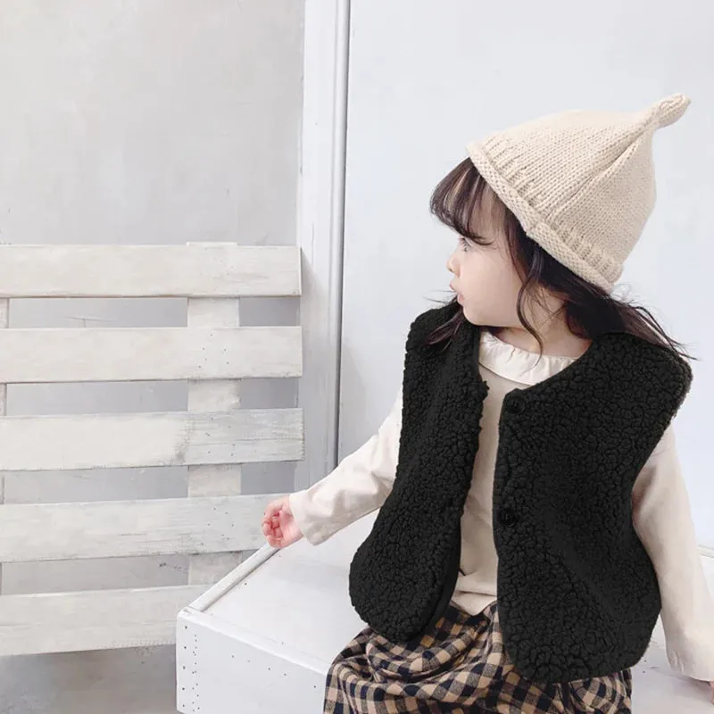 Autumn Winter Children Lamb Wool Plus Velvet Warm Thicked Waistcoat Baby Girls Boys Plush Vest Single V Neck Child Fashion Coat