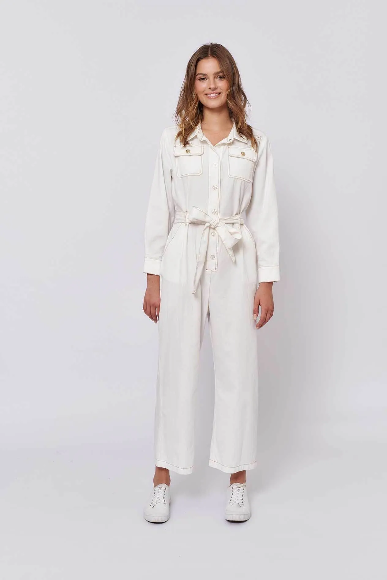 Aviator Jumpsuit in White Denim