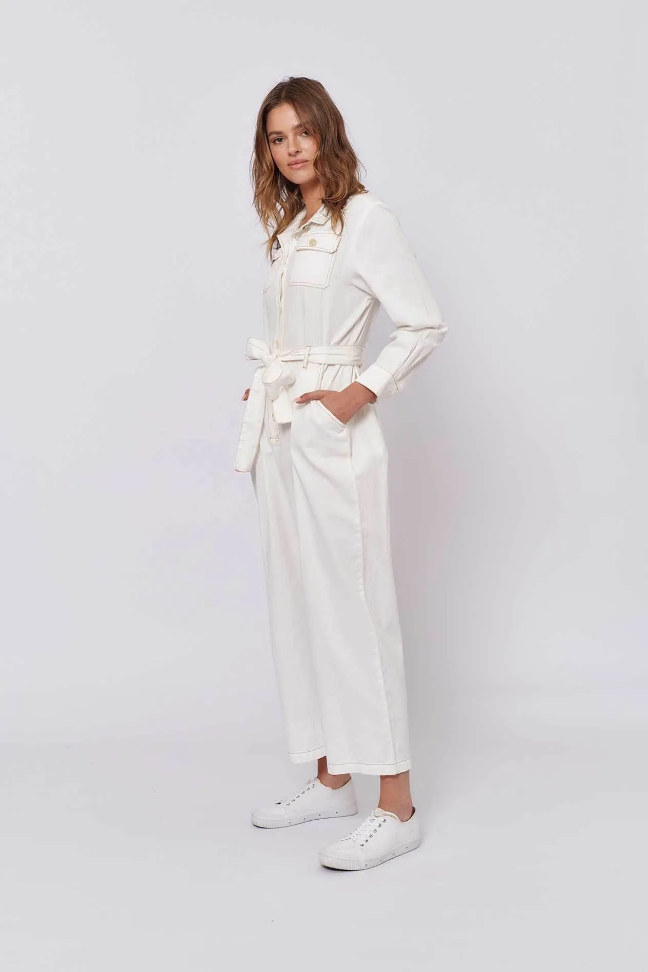 Aviator Jumpsuit in White Denim