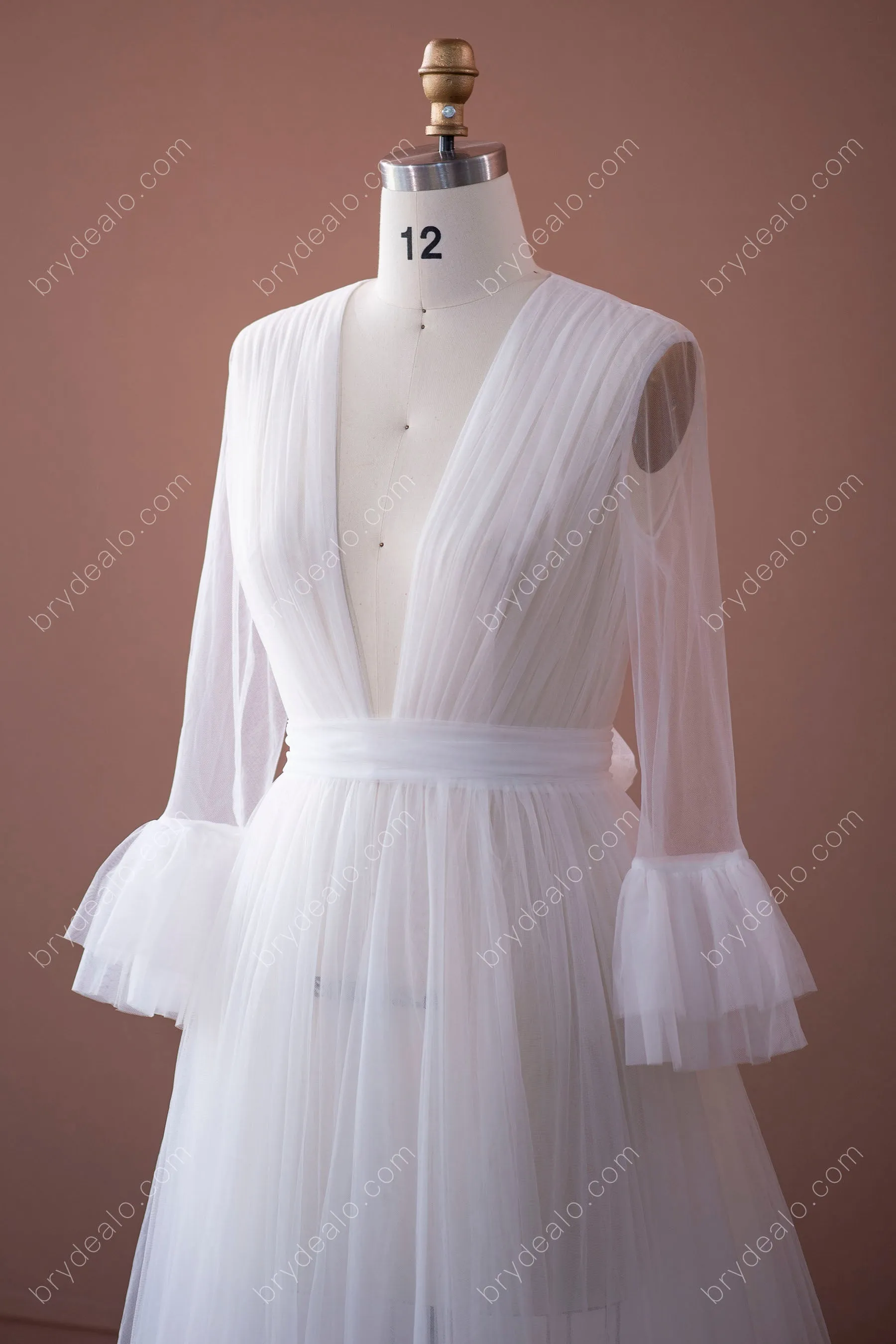 Best Tulle Bell Sleeve Plunging Neck Long Bridal Robe