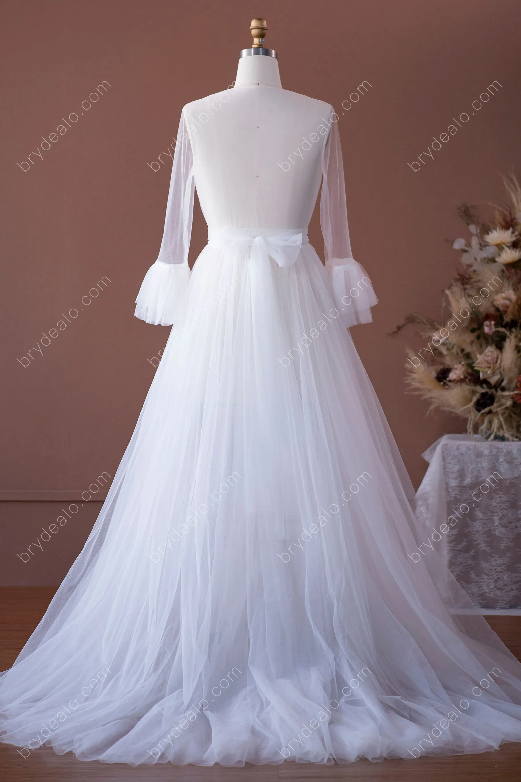 Best Tulle Bell Sleeve Plunging Neck Long Bridal Robe