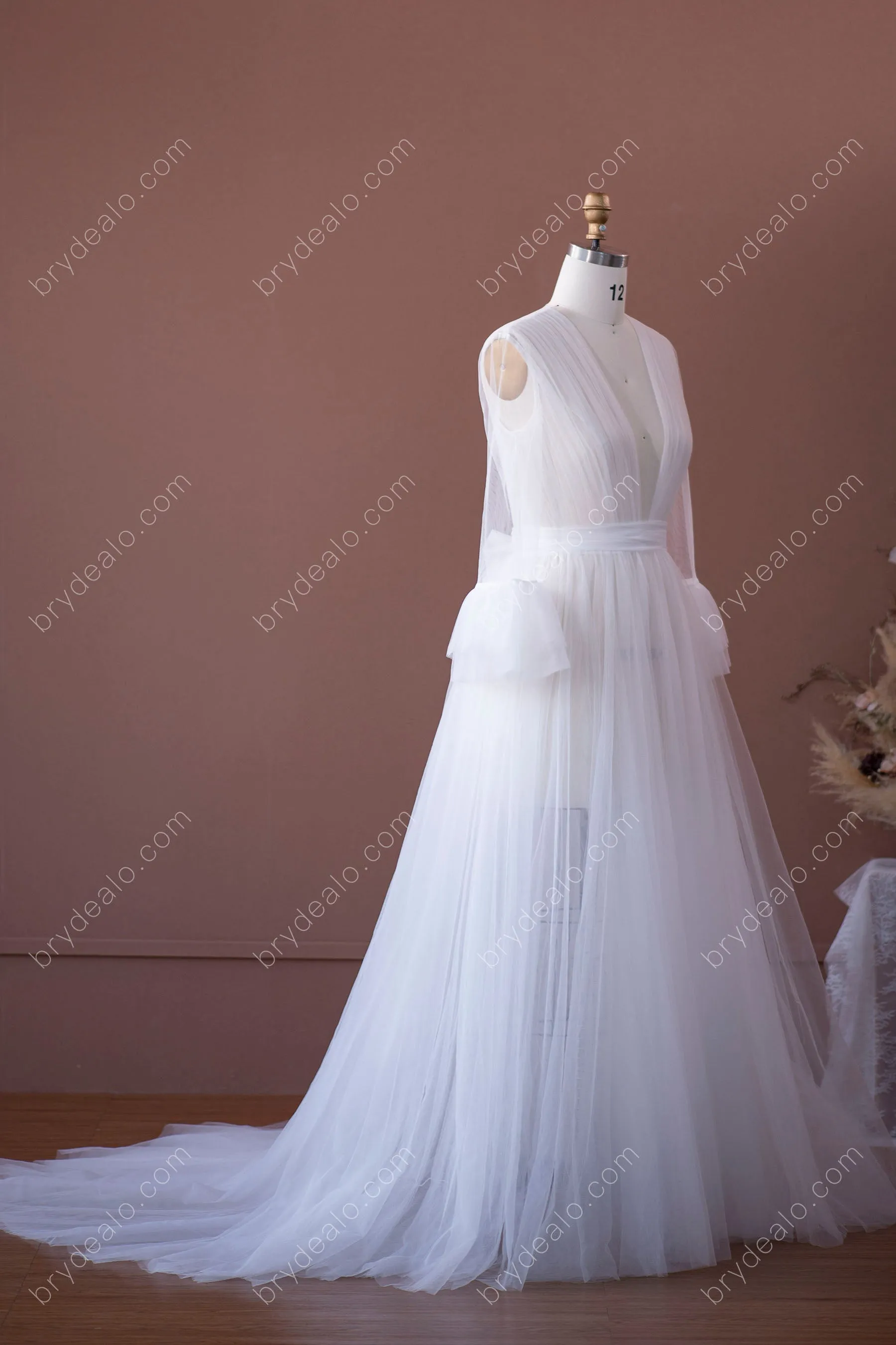 Best Tulle Bell Sleeve Plunging Neck Long Bridal Robe