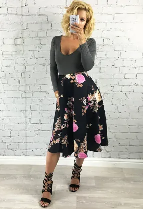 Black Pink Floral A Line Kate Midi Skirt