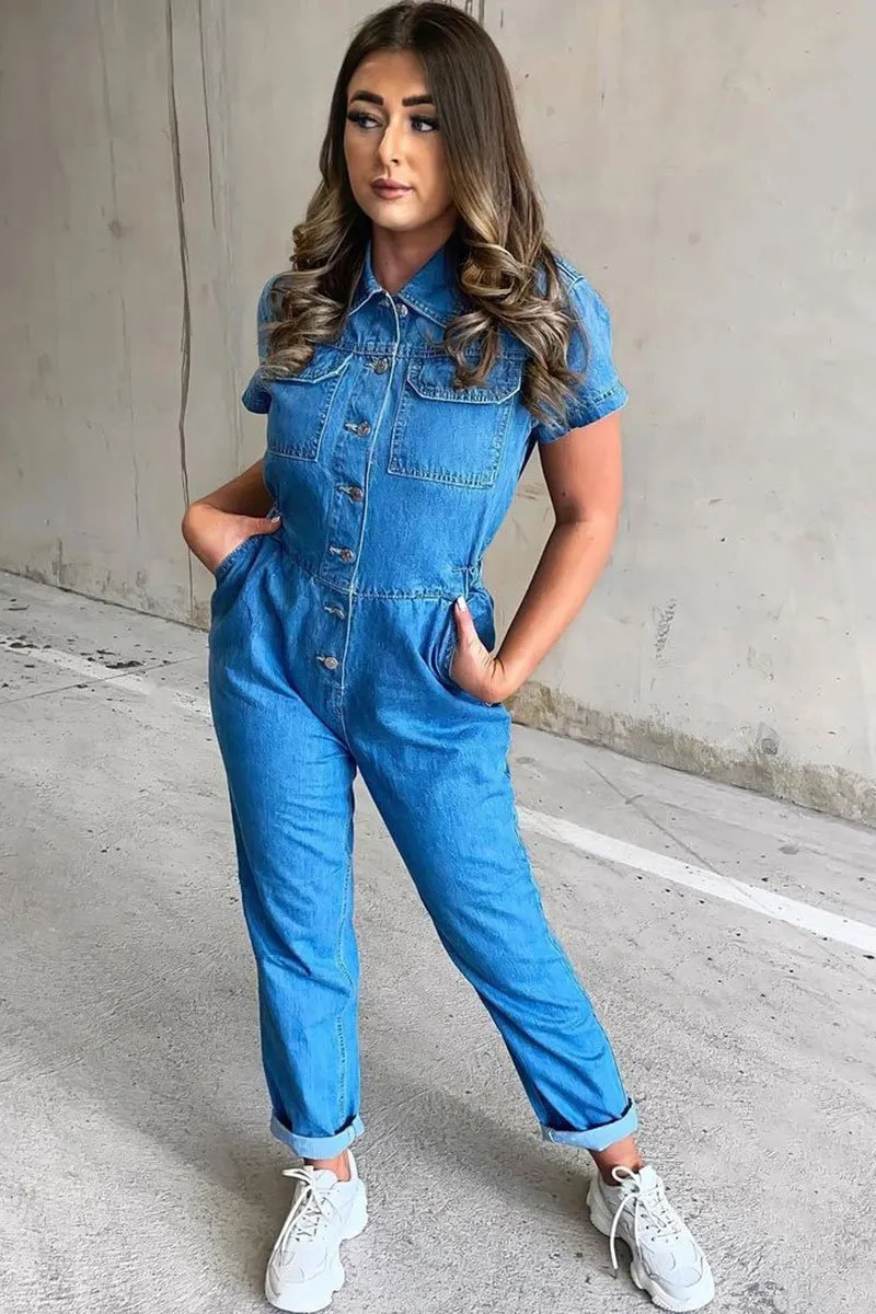 Blue Denim Button Front Boiler Jumpsuit - Kashia