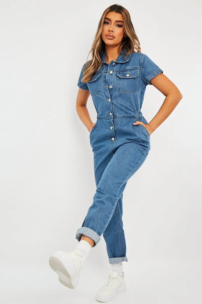 Blue Denim Button Front Boiler Jumpsuit - Kashia