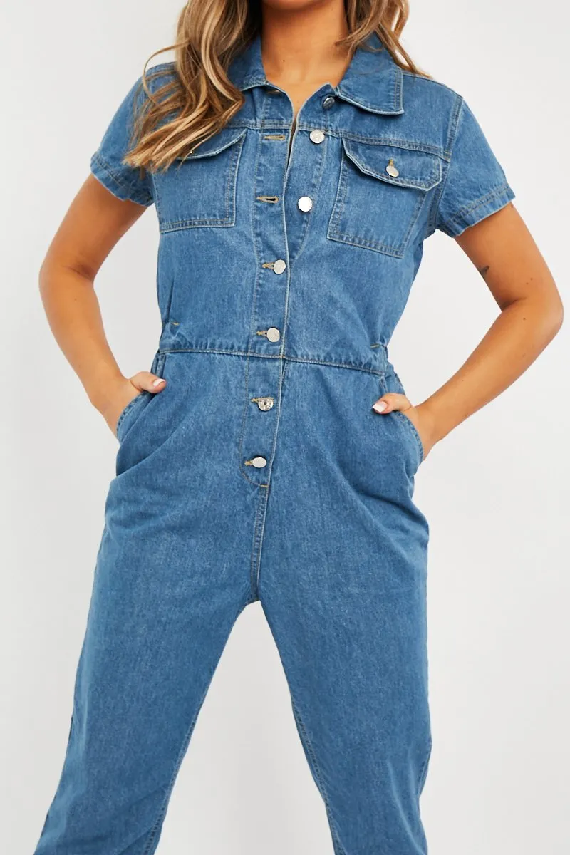 Blue Denim Button Front Boiler Jumpsuit - Kashia