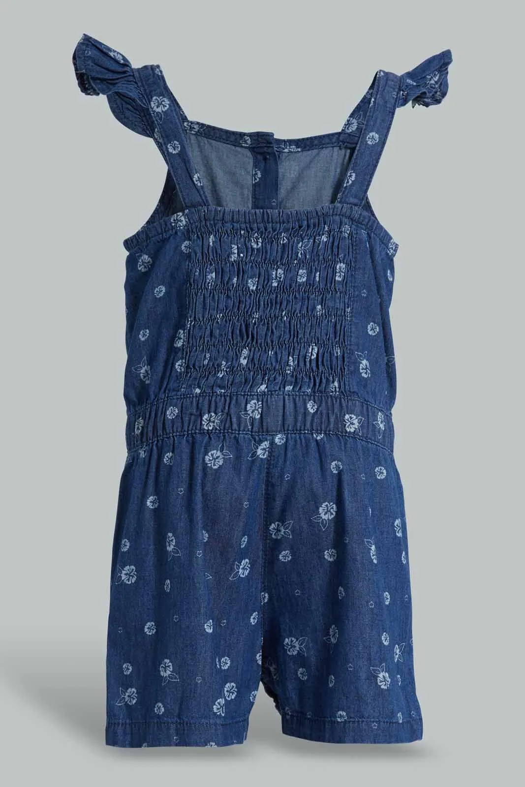 Blue Floral Denim Jumpsuit For Baby Girls