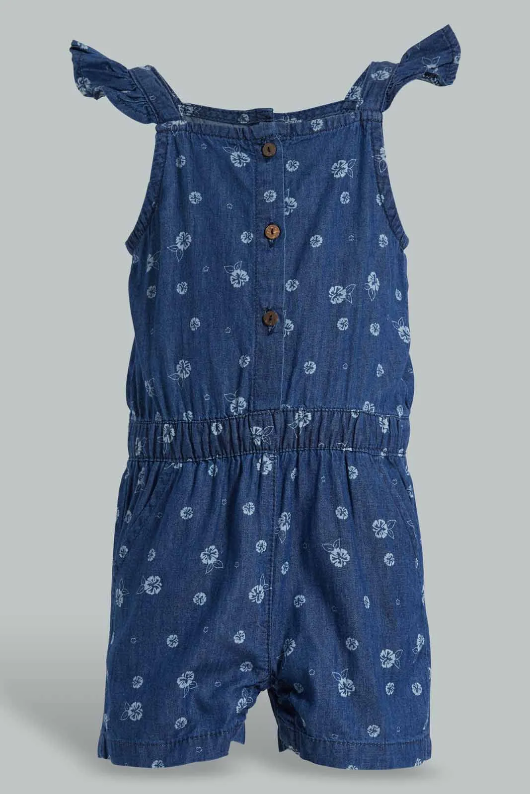 Blue Floral Denim Jumpsuit For Baby Girls