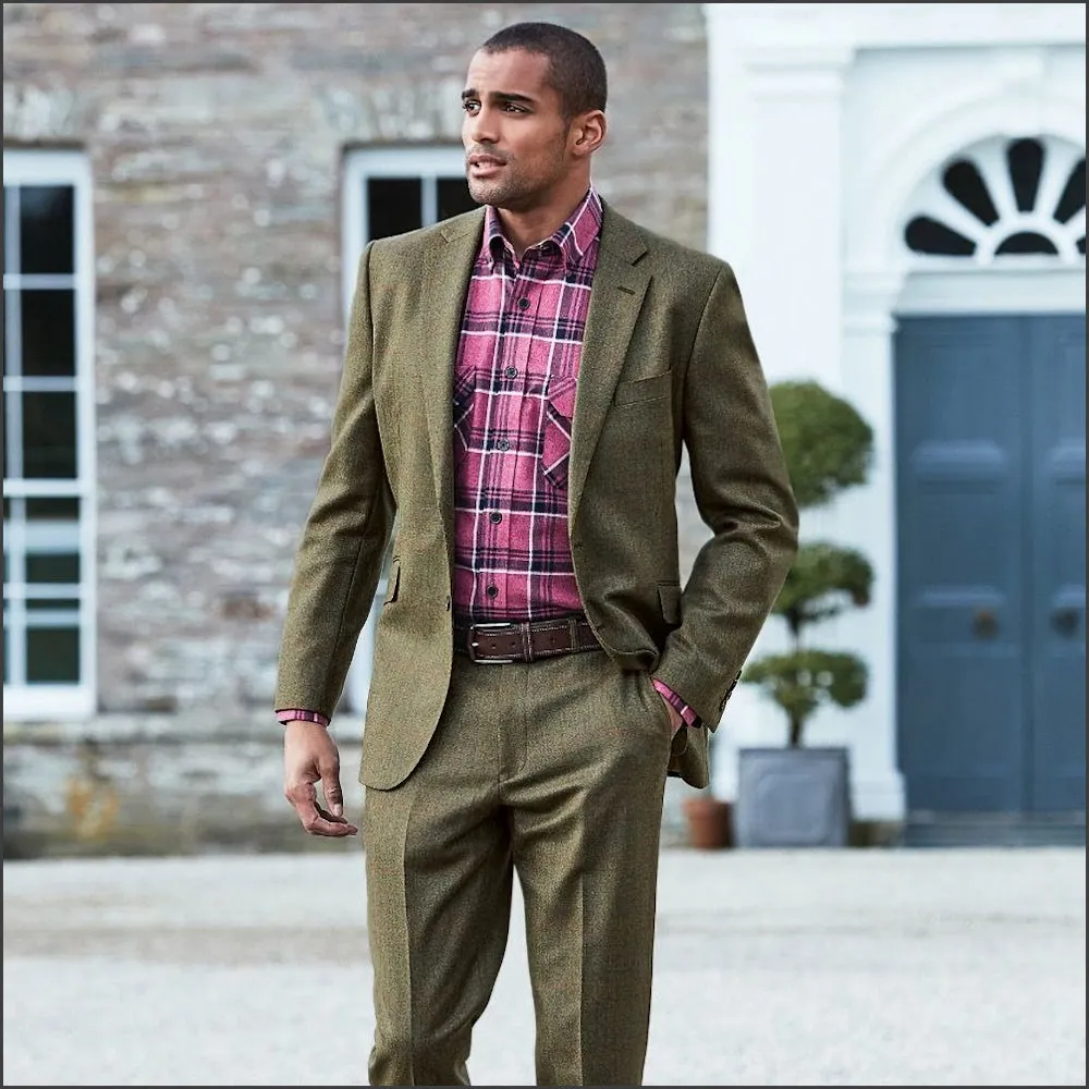 Brook Taverner Dalton Olive Check Wool Suit Trouser--