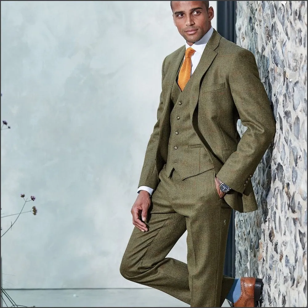 Brook Taverner Dalton Olive Check Wool Suit Trouser--