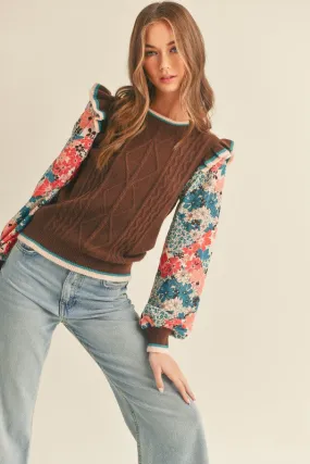 Brown Teal Mult Cable Knit Sweater Top With Woven Floral Sleeves