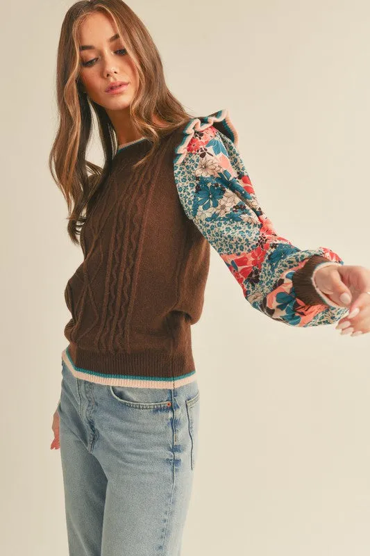 Brown Teal Mult Cable Knit Sweater Top With Woven Floral Sleeves