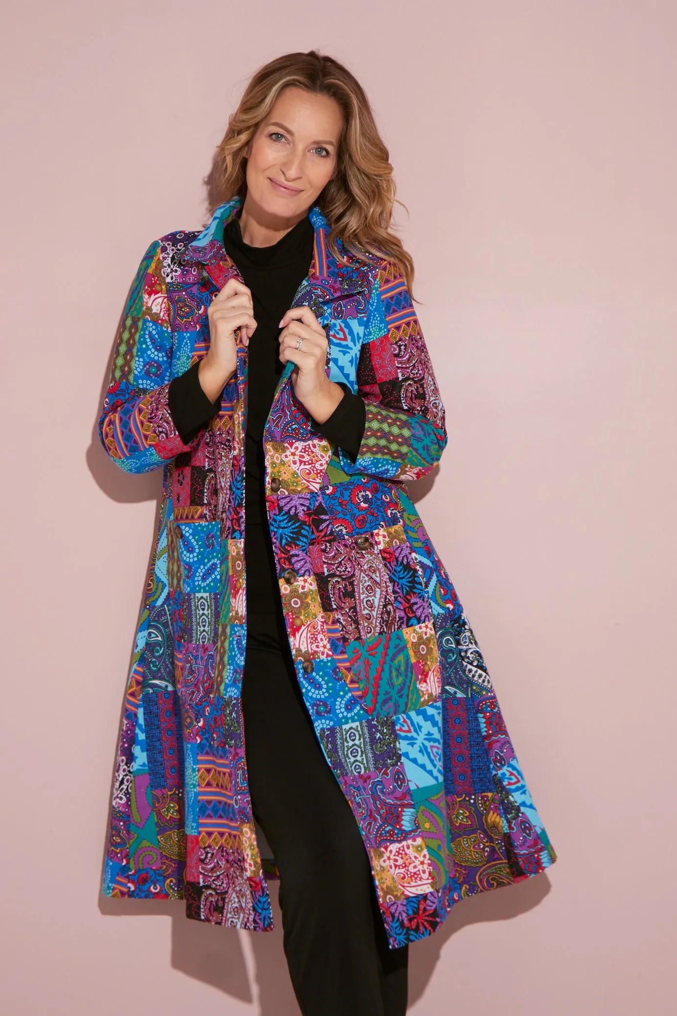 Carlton 3/4 Sleeve Fleece Lined Coat - Blue Patchwork