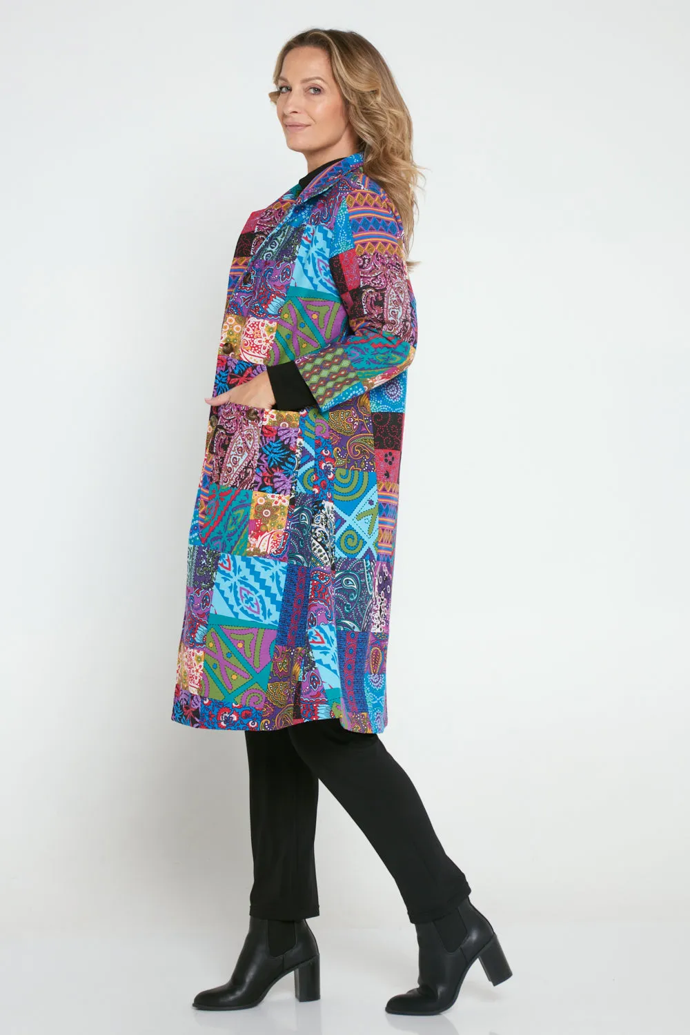 Carlton 3/4 Sleeve Fleece Lined Coat - Blue Patchwork