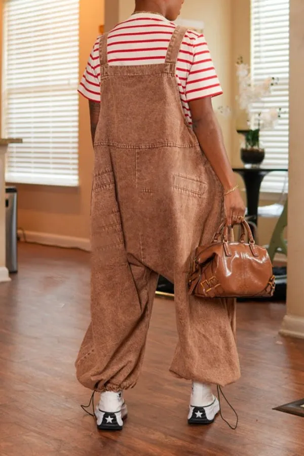 Casual Double Pocket Wide Leg Suspender Pants