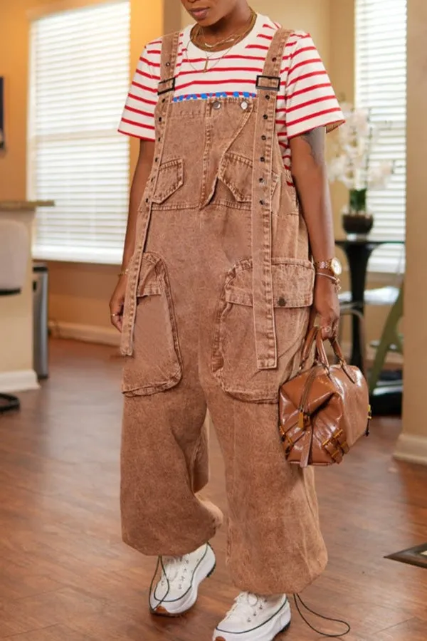 Casual Double Pocket Wide Leg Suspender Pants