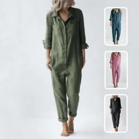 Casual Long Sleeve Jumpsuit With Pockets Fashion Loose Lapel Button Romper Pants Womens Clothing