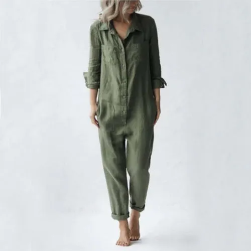 Casual Long Sleeve Jumpsuit With Pockets Fashion Loose Lapel Button Romper Pants Womens Clothing