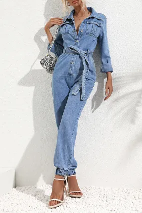 Casual Street Solid Bandage Pocket Turndown Collar Long Sleeve Regular Denim Jumpsuits