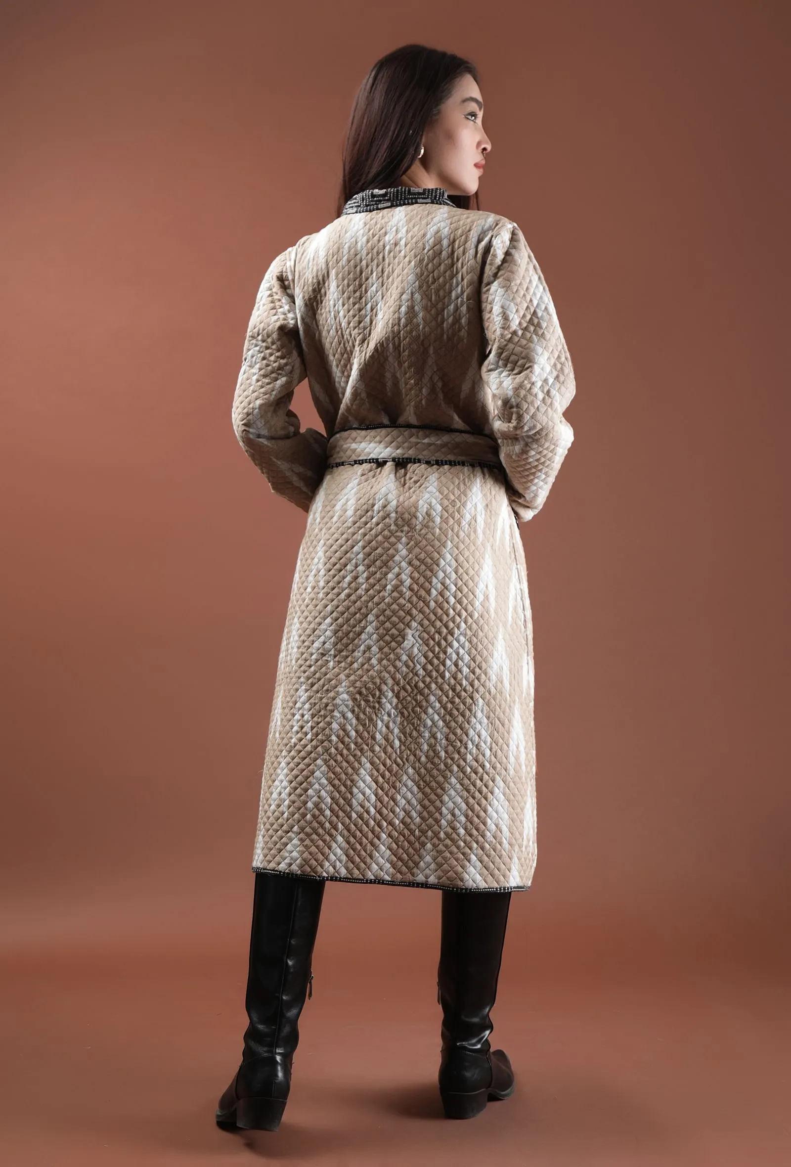 Cedar Ecru Ikat & Black Ajrakh Printed Reversible Quilted Wrap Coat