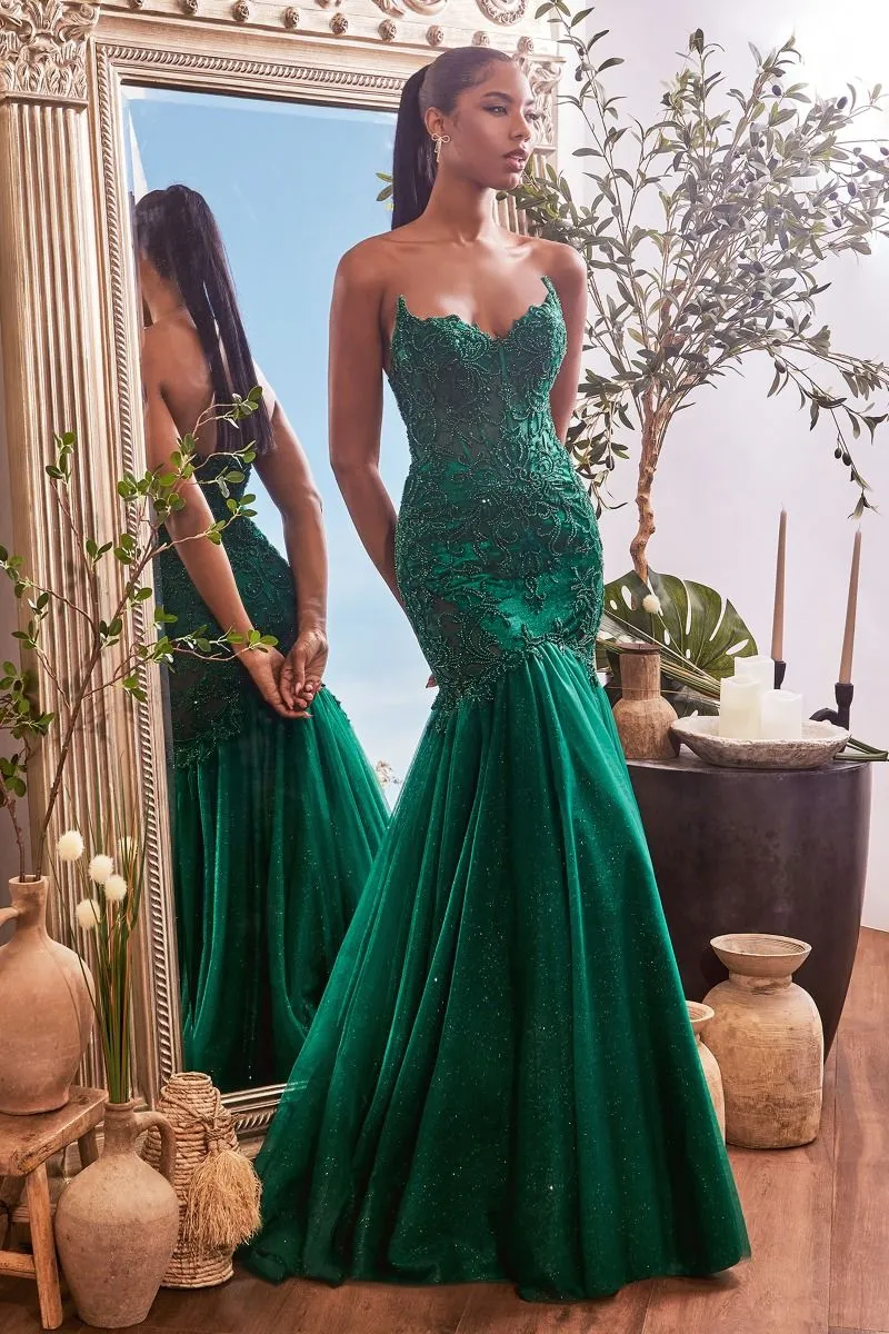 Cherish Prom Dress Lace & Tulle Strapless Mermaid Gown 740482TKR-Emerald Cinderella Divine CDS482 LaDivine CDS482