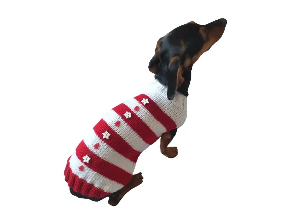 Christmas striped sweater with fir trees and snowflakes for miniature dachshund