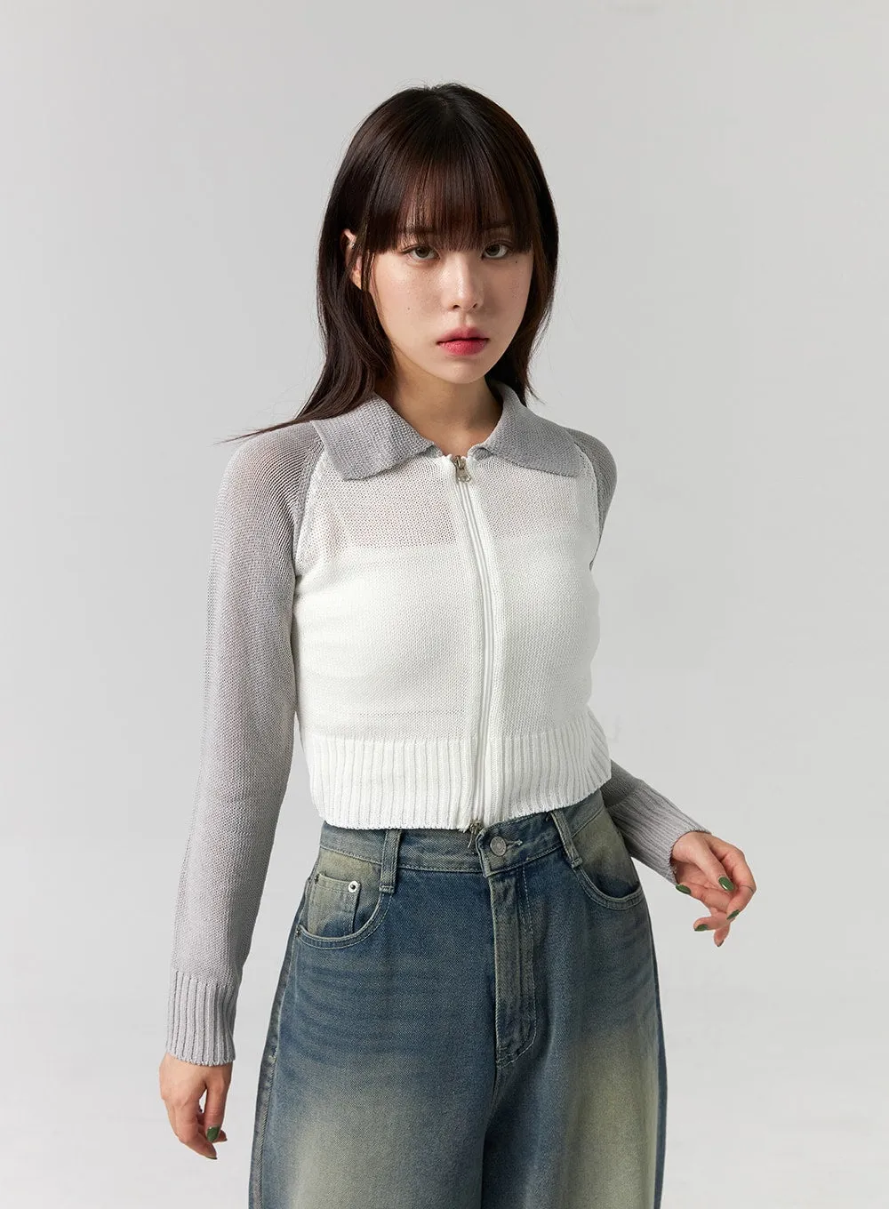 Collar Zip-Up Knit Sweater CG330