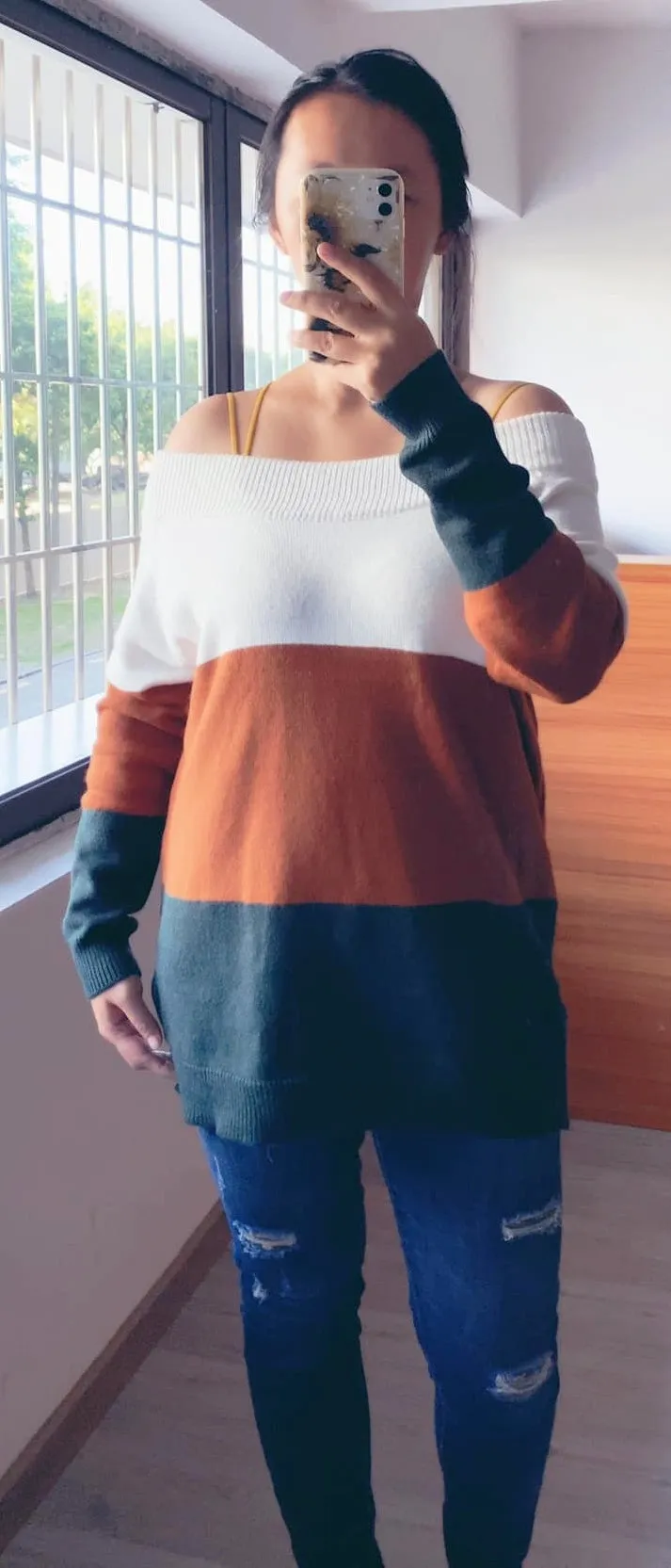 Color Block Off The Shoulder Sweater