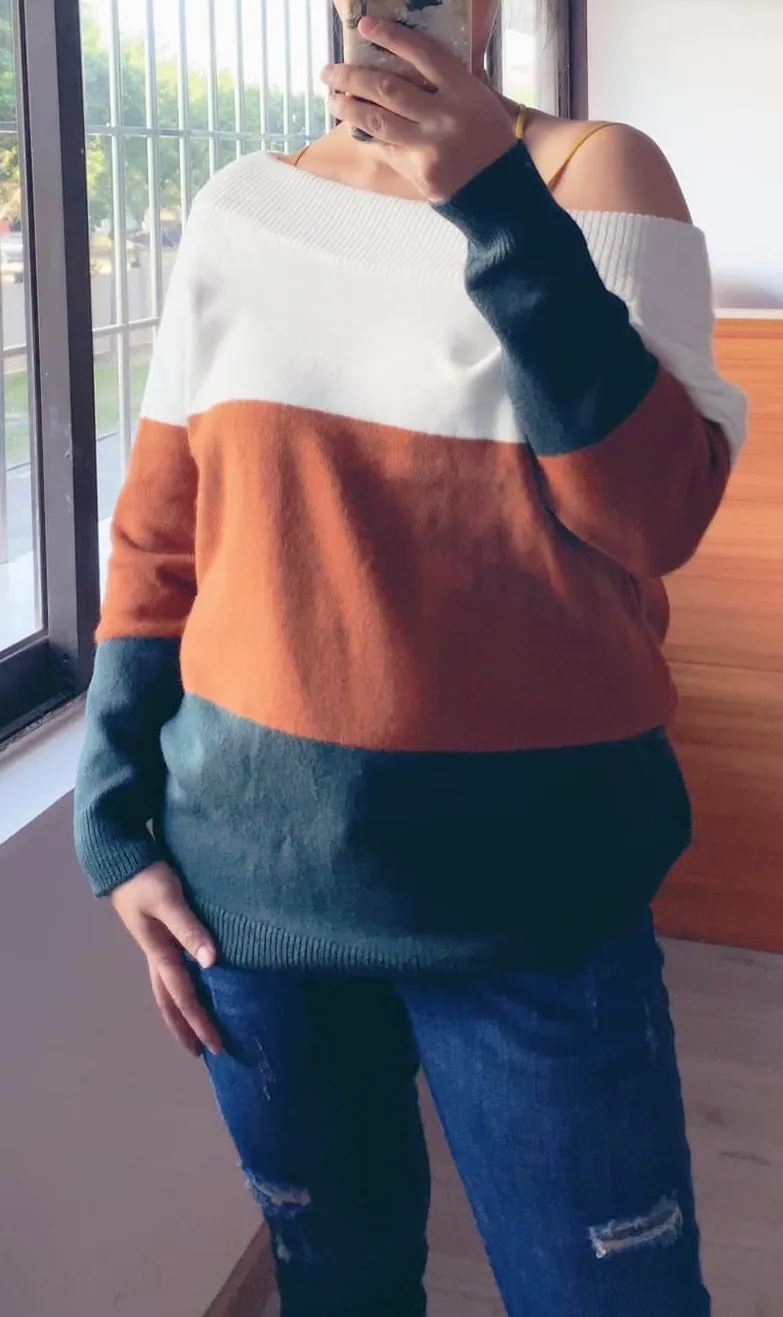 Color Block Off The Shoulder Sweater