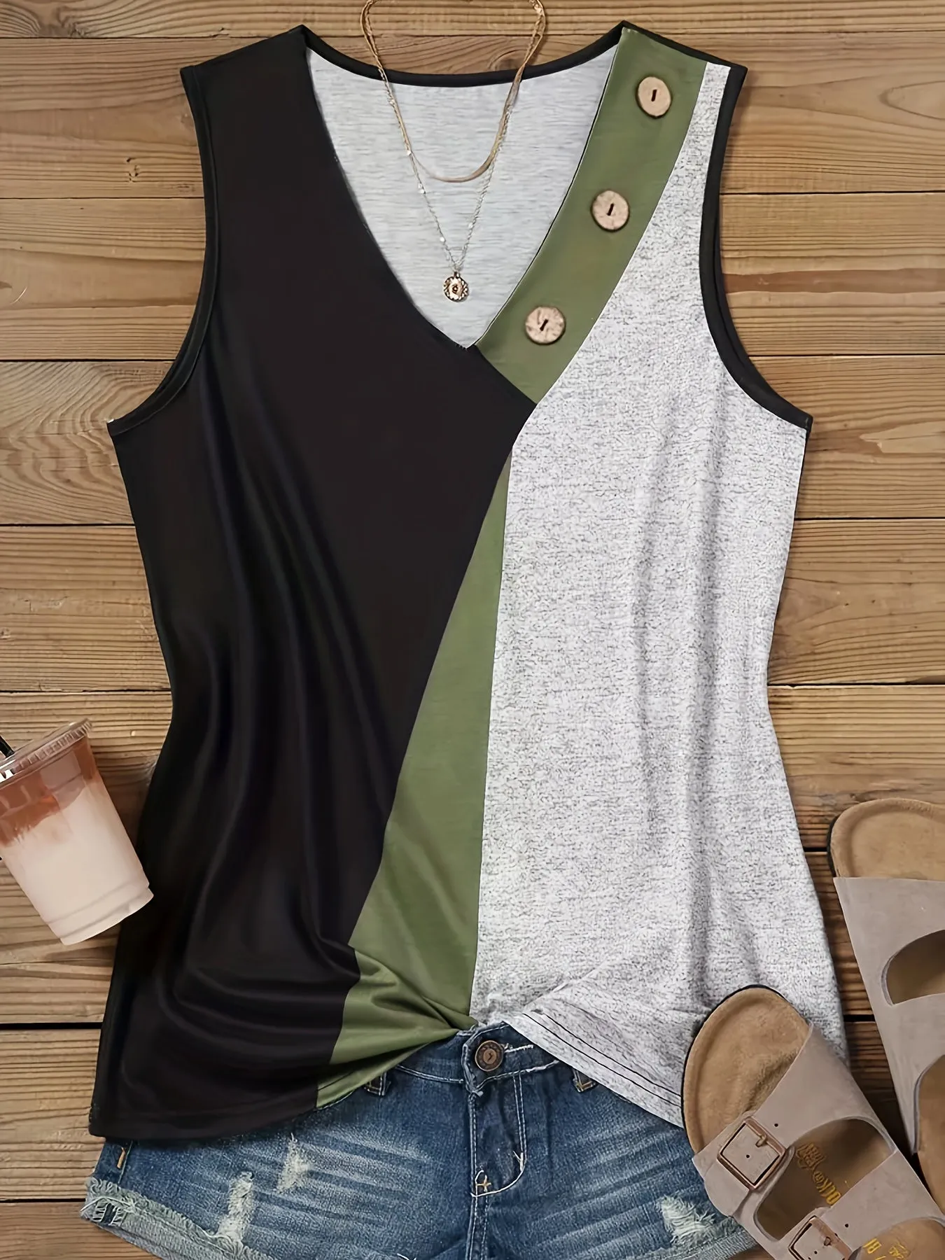 Color Block V Neck Tank Top Stylish Summer Fashion for Women