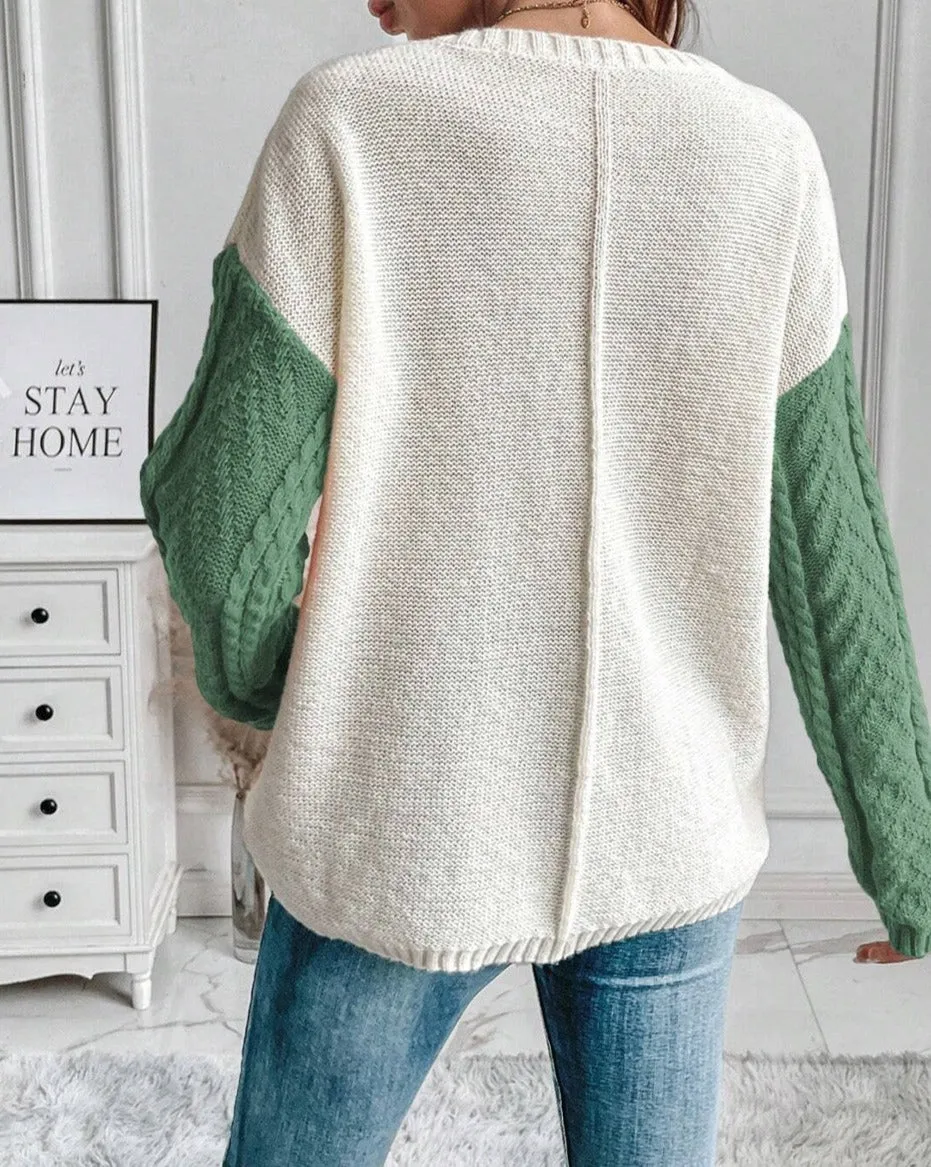 Colorblock Cable Knit Pocketed Sweater