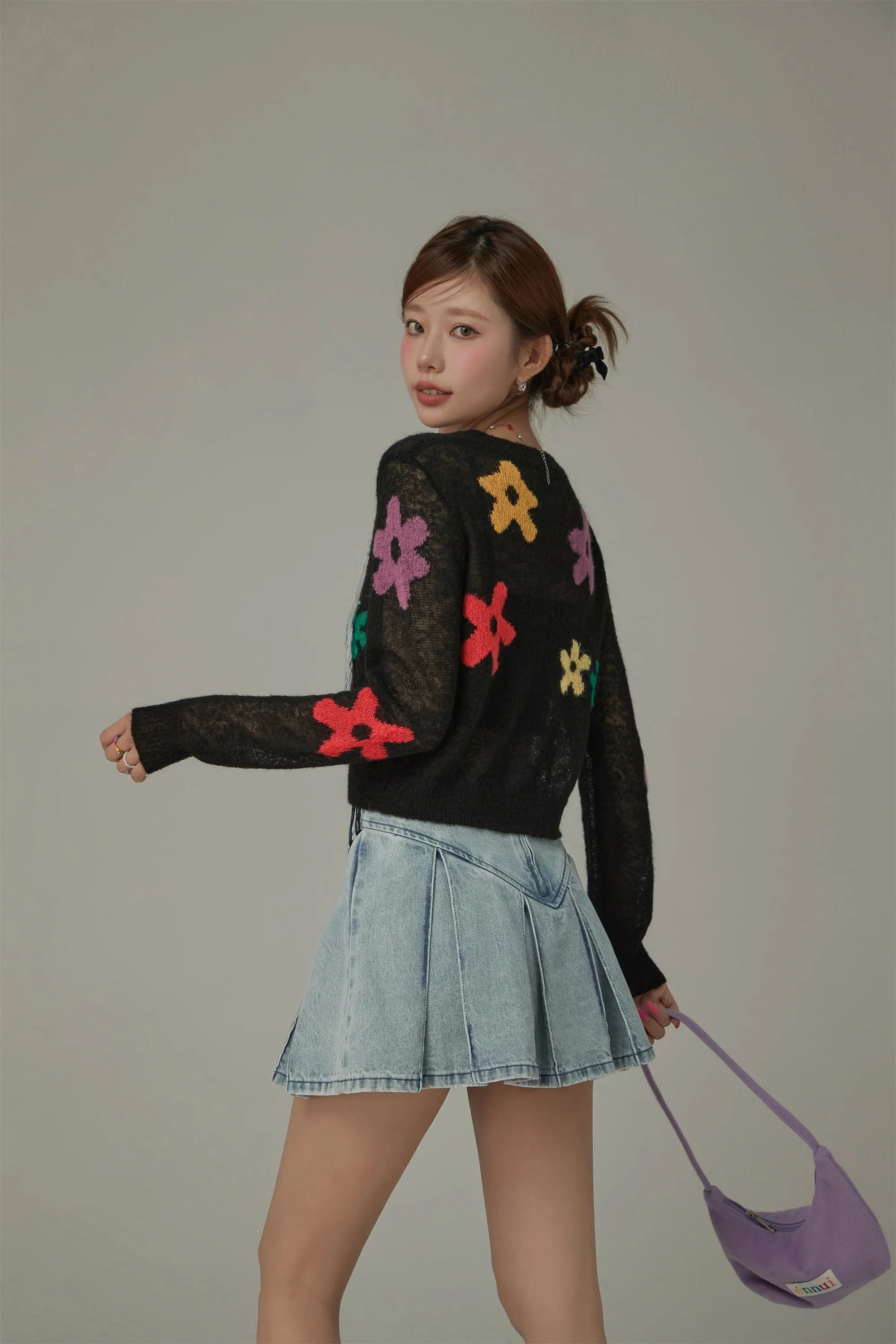 Colorful Flowers Crop Knit Sweater