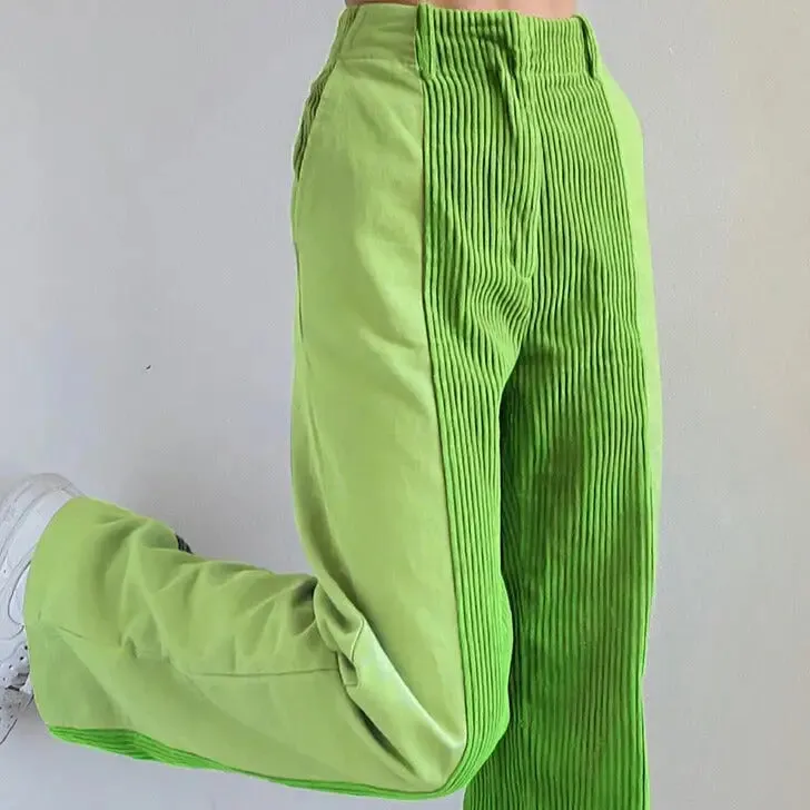 Contrast Color Pockets Corduroy High-Waist Pants