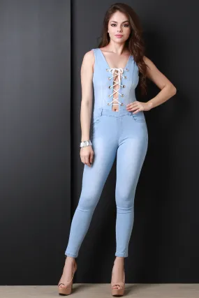 Corset Lace-Up Denim Jeans Jumpsuit