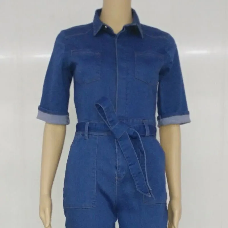 Cowgirl Design Button Collared Chesty Denim Jumpsuits