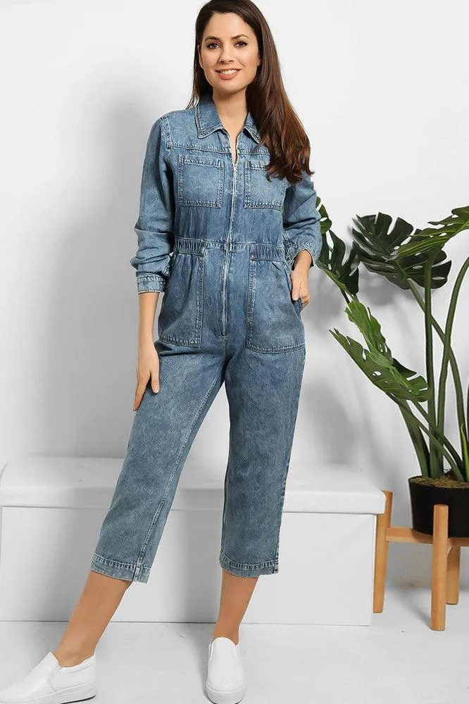 Cropped Leg Zipped Denim Jumpsuit