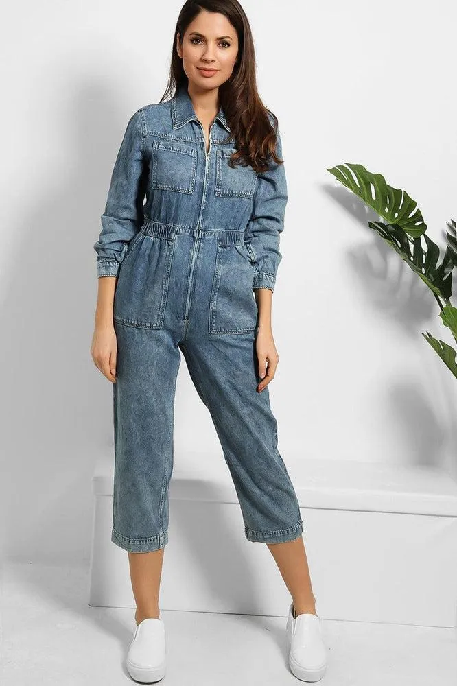 Cropped Leg Zipped Denim Jumpsuit