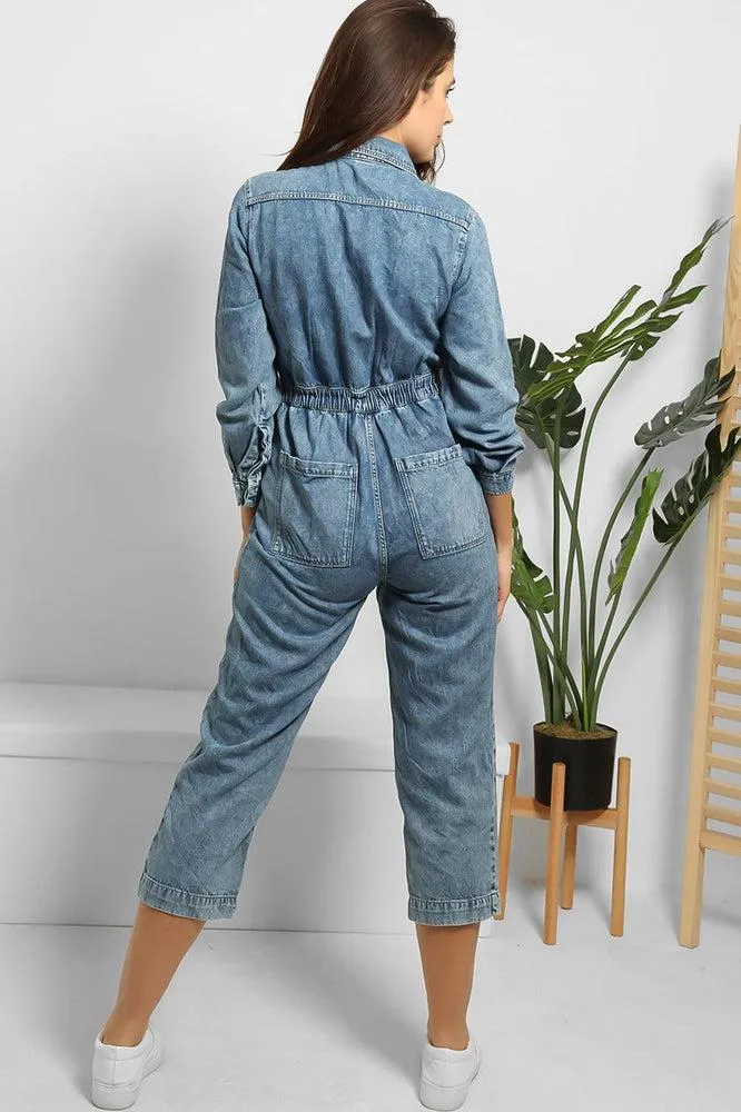 Cropped Leg Zipped Denim Jumpsuit