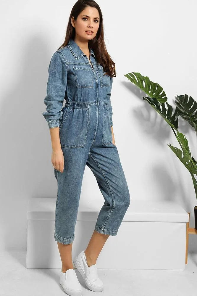 Cropped Leg Zipped Denim Jumpsuit