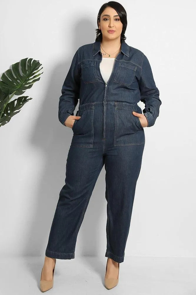 Cropped Leg Zipped Denim Jumpsuit