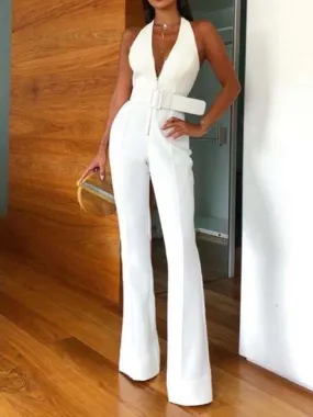 Deep V-Neck Sleeveless Belt Casual Jumpsuit